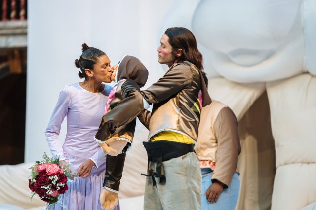 Thalissa Teixeira and Andrew Leung in a scene from The Taming of the Shrew at Shakespeare