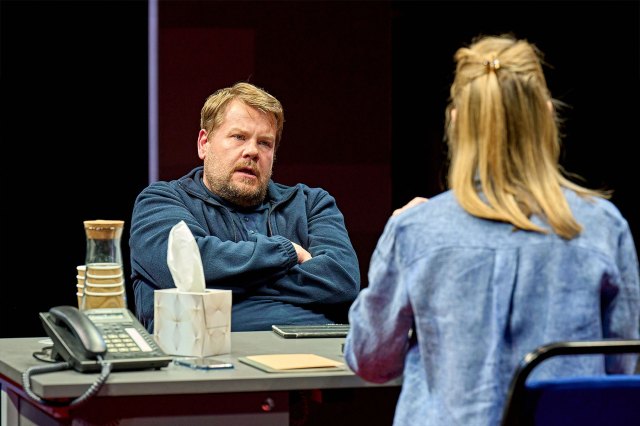 James Corden and Anna Maxwell Martin in a scene from The Constituent at the Old Vic