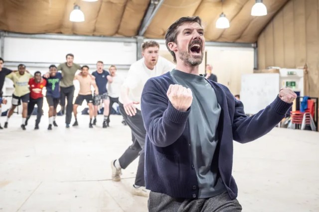 Tom Lane (Eric Dier) and Gwilym Lee (Gareth Southgate) in rehearsals for Dear England (2025) at the National Theatre