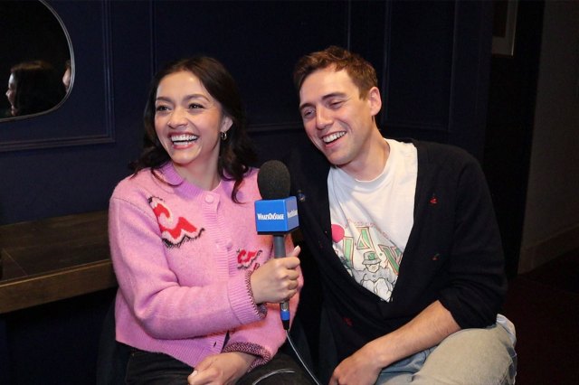 Actors Frances Mayli McCann and Jamie Muscato with a WhatsOnStage-branded microphone