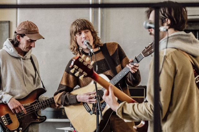 The cast of Stereophonic in rehearsals