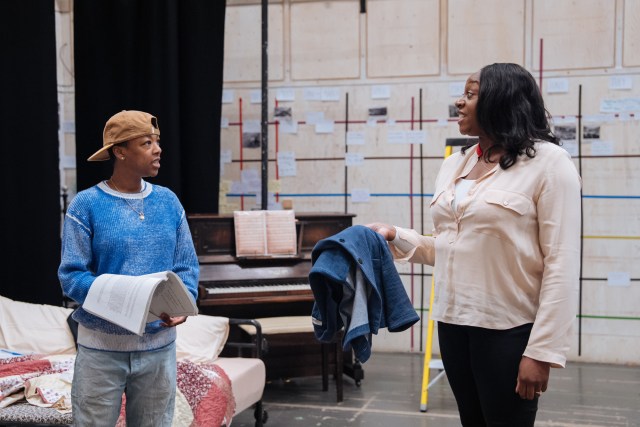 Samira Wiley and Nicola Hughes in rehearsals for INTIMATE APPAREL Donmar Warehouse photo by Helen Murray