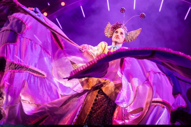 An actor on stage, wearing a flamboyant purple and gold costume.