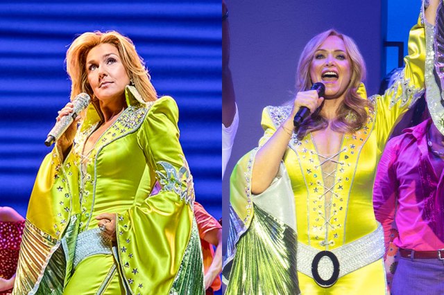 Performers Mazz Murray and Christine Sherrill in yellow Mamma Mia! costumes