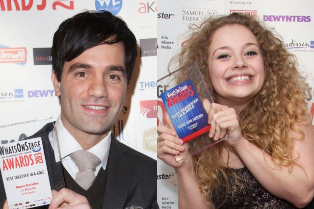 Ramin Karimloo et Carrie Hope Fletcher avec leurs prix Whatsonstage