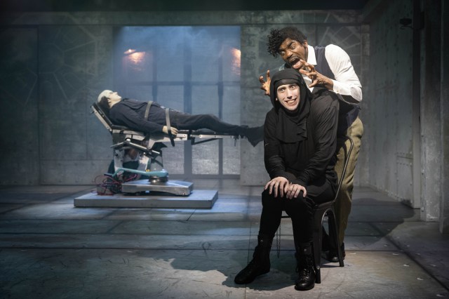 LtoR Pete Gallagher dans le rôle du monstre, Ore Obuba dans le rôle du Dr Frederick Frankenstein et Curtis Patrick dans le rôle d'Igor dans YOUNG FRANKENSTEIN, crédit Mark Senior