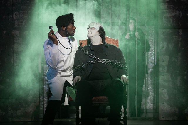 LtoR Ore Oduba dans le rôle du Dr Frederick Frankenstein et Pete Gallagher dans le rôle du monstre dans YOUNG FRANKENSTEIN, crédit Mark Senior