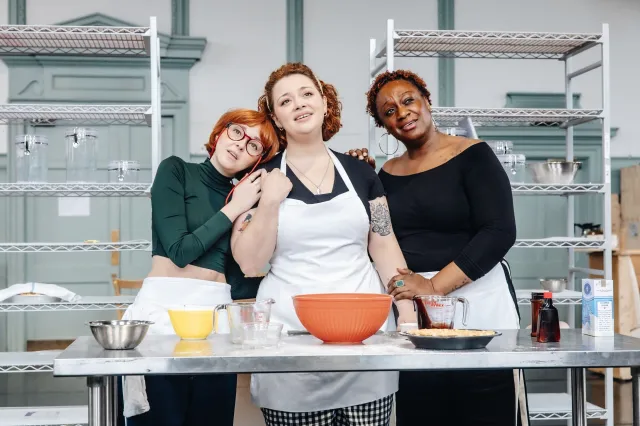 Evelyn Hoskins, Carrie Hope Fletcher and Sandra Marvin in rehearsals for Waitress